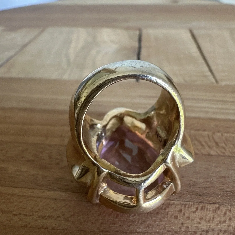 Vintage Arnold Scaasi Cocktail Ring Size 6 Pink Clear Crystals Gold Plate Signed